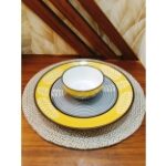 Caffeine Ceramic Handmade Yellow and Grey Leaf Combo Dinner Set