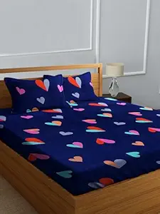DECORUM Heart Print Double Bedsheet Set Navy Blue Colorful Love Pattern