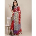 Silk Land Red Silver Floral Zari Art Silk Banarasi Saree