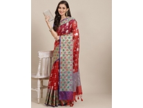 Silk Land Red Silver Floral Zari Art Silk Banarasi Saree
