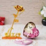 eCraftIndia Valentine Gift Golden Rose Teddy Heart Box