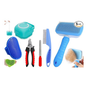 5-in-1 Pet Grooming Kit for Dogs & Cats with Self Cleaning Brush, Cat Comb & Nail Clipper