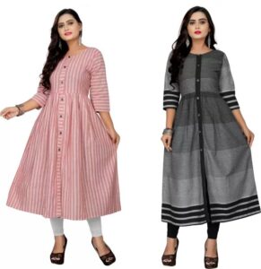 Anarkali Pure Cotton Blue Stripes Kurti Pack of 2 for Women