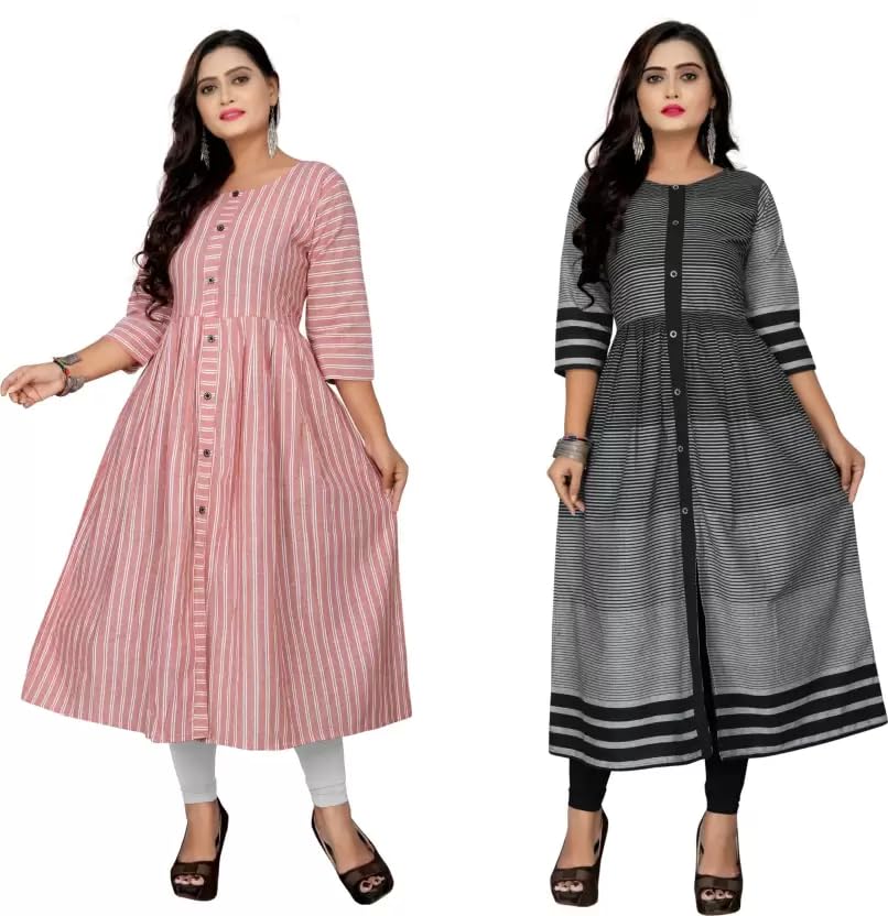 Anarkali Pure Cotton Blue Stripes Kurti Pack of 2 for Women