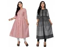 Anarkali Pure Cotton Blue Stripes Kurti Pack of 2 for Women