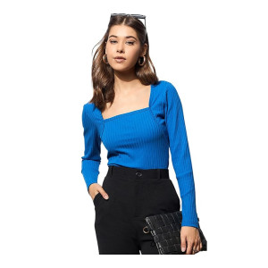 barcino Black Rib Stitch Square Neck Full Sleeves Top