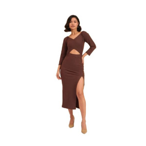 Rib Side Slit Wrap Neck Cut-Out Midi Dress