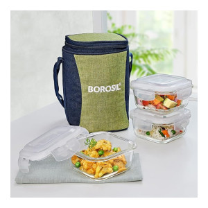 Borosil Ace Lunchbox with Bag, 3pc Borosilicate Glass Tiffin Set (320ml Each)