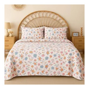BSB HOME Cotton CloudTouch Double Bedsheet Set with 2 Pillow Covers, 144 TC, Off-White Green Leaves Print