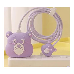 Cartoon 3D Design Protective Case for iPhone Charger & Cable (Purple Bear)