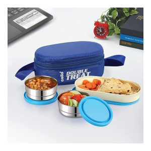 CELLO Double Treat Lunch Box with Jacket (2 Steel, 1 Oval) Leakproof Airtight Tiffin
