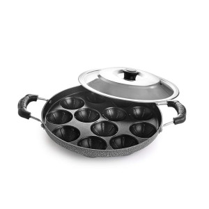 CELLO Non-Stick 12 Cavity Appam Patra with Dual Side Handles & Stainless Steel Lid
