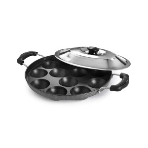 CELLO Non-Stick 12 Cavity Appam Patra Pan with Stainless Steel Lid