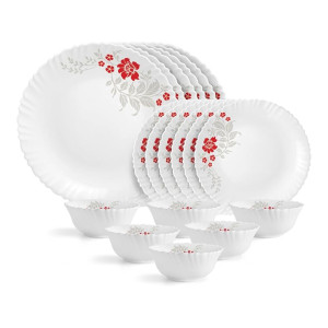 CELLO Scarlet Bliss Dazzle Series Opalware Dinner Set of 18 Pieces for Family of 6