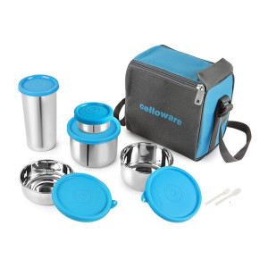 CELLO Steelox Stainless Steel Lunch Box Set with Bag and Tumbler