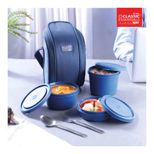 Classic Essentials Microwave Safe 3 Containers Stainless Steel Lunch Box Set with Cutlery & Bag (1250 ml)