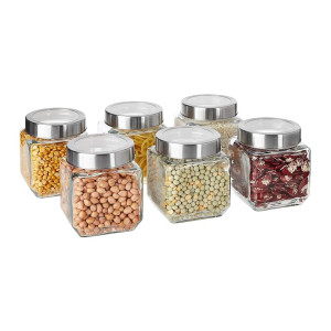 CROCO JAR Square Glass Storage Containers 580ml with Steel Lid (Pack of 6)