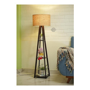Crosscut Furniture Wooden Floor Lamp with Shelf in Dark Finish (Natural Jute)