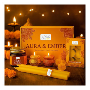 D’Velas Aura & Ember Christmas Gift Box – Aromatherapy Candle, Scented Diyas & Tealights