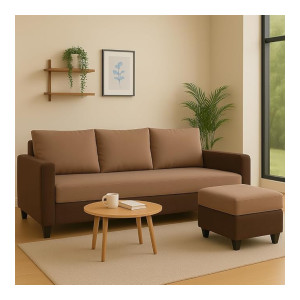FURNY Chromano Fabric 4 Seater L Shape Sofa Set & Ottoman