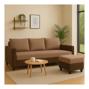 FURNY Chromano Fabric 4 Seater L Shape Sofa Set & Ottoman