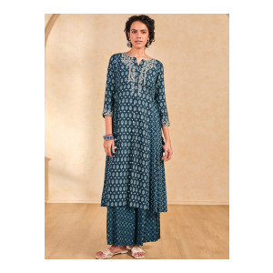 Global Desi Geometric Printed Thread Work A-Line Kurta