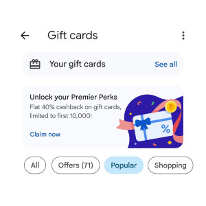 Google Pay 40% Cashback on Gift Card Purchase