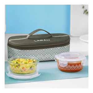 Gracia Borosilicate Glass Lunchbox with Bag | 2pc Round (400 ml Each) | Microwave, Dishwasher Safe, Leakproof