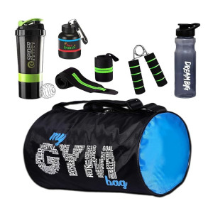 Gym Bag Combo Set with Wrist Band, Mini Gripper & Shaker Bottle