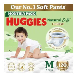 Huggies Natural Soft Premium Baby Diaper Pants Medium (M) Size (7-12 Kgs) Monthly Pack