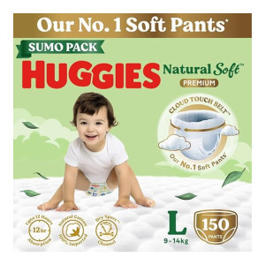 Huggies Natural Soft Premium Baby Diaper Pants, Large (L), Sumo Pack of 150