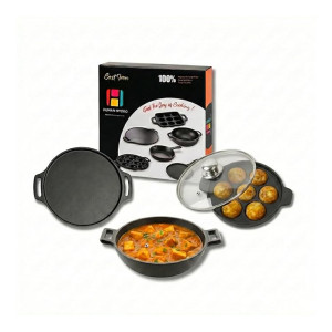Human Hydro Cast Iron Cookware Combo | 7-Pit Paniyaram Pan with Lid, 30CM Dosa Tawa & 23CM Kadai