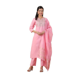 Janasya Women’s Cotton Blend Yoke Embroidery Straight Kurta Set