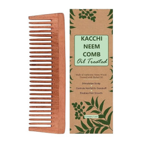 Kacchi Neem Wooden Comb Soaked in 17 Herbs, Neem & Sesame Oil for Detangling, Frizz Control & Shine
