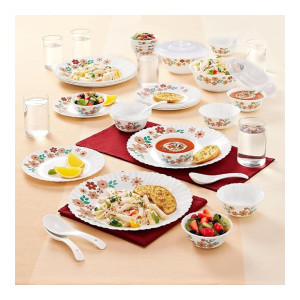 Larah By Borosil Ayana Silk Series Opalware Dinner Set with Glasses, 40 Pieces