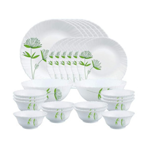 Larah by Borosil Green Lily Opalware Dinner Set, 28 Pcs, White
