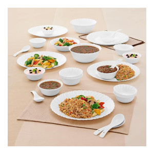 Larah by Borosil Plain White Silk Series Opalware Dinner Set (27 Pieces for 6)