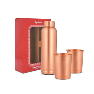 Lifelong 950 ml Copper Water Bottle with Set of 2 Glass