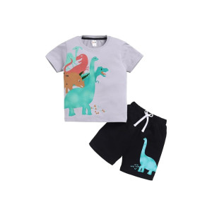 LITTLE NINJA Cotton Half Sleeves Dinosaurs Printed Tee & Shorts Set