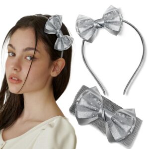 LYKAA Satin Bow Headband Set for Girls Toddlers Gray