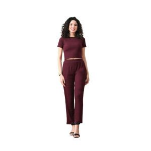 Ribbed Co-ord Set – Round Neck Crop Top with High Waist Pant