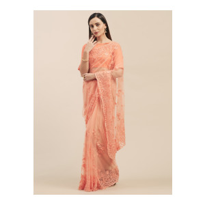Mitera Peach Embroidered Net Saree