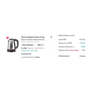 Myntra Elegant Homes X DigiSmart Black Stainless Steel Automatic Cut-Off Electric Kettle (Pack of 3)