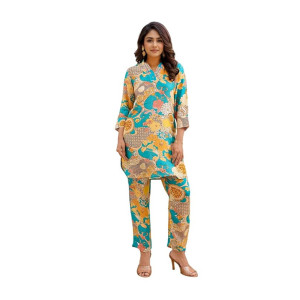 NAINVISH Women’s Floral Rayon Blend Co-ord Set | Straight V-Neck 3/4 Sleeve Top & Pant