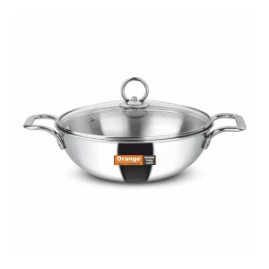 Orange Triply Stainless Steel Deep Kadai with Glass Lid