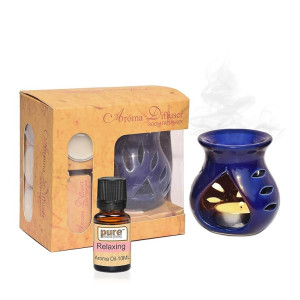 Pure Source India Ceramic Aroma Oil Diffuser Gift Set with Relaxing Oil & Tealight Candles