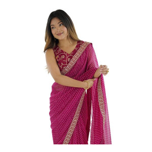 SIRIL Women’s Bandhani Printed Embroidery Lace Georgette Saree with Unstitched Blouse Piece