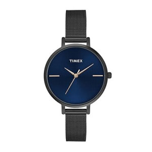 TIMEX Analog Watch for Women with Blue Round Dial & Black Stainless Steel Bracelet Band Water Resistant