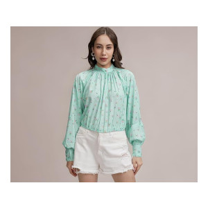 Tokyo Talkies Women’s Floral Print Blouson Top High Neck Cuffed Sleeves