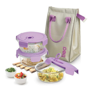 TREO Lumino Fresh Round Borosilicate Glass Lunch Box Set of 3 with Bag